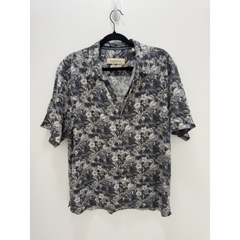 Tommy Bahama Original Fit‎ 100% Silk Hawaiian Camp Shirt Men's L Gray Floral XL